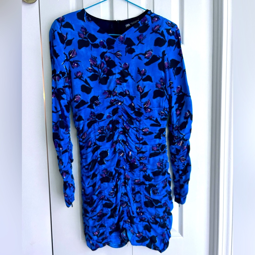 ZARA Blue Flowered Mini Dress Ruched S - Picture 2 of 6